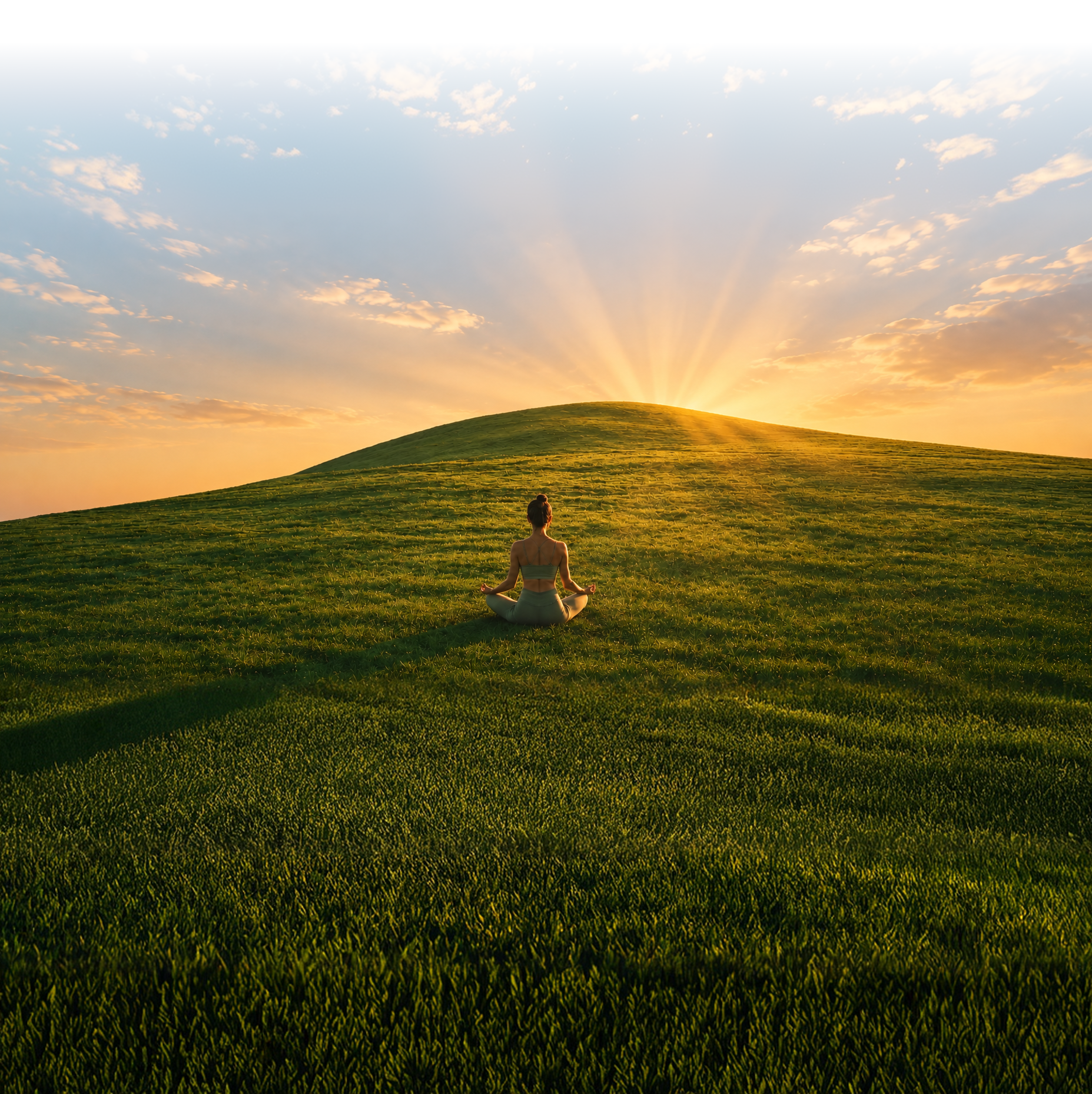 Coach meditating in an open field at sunrise